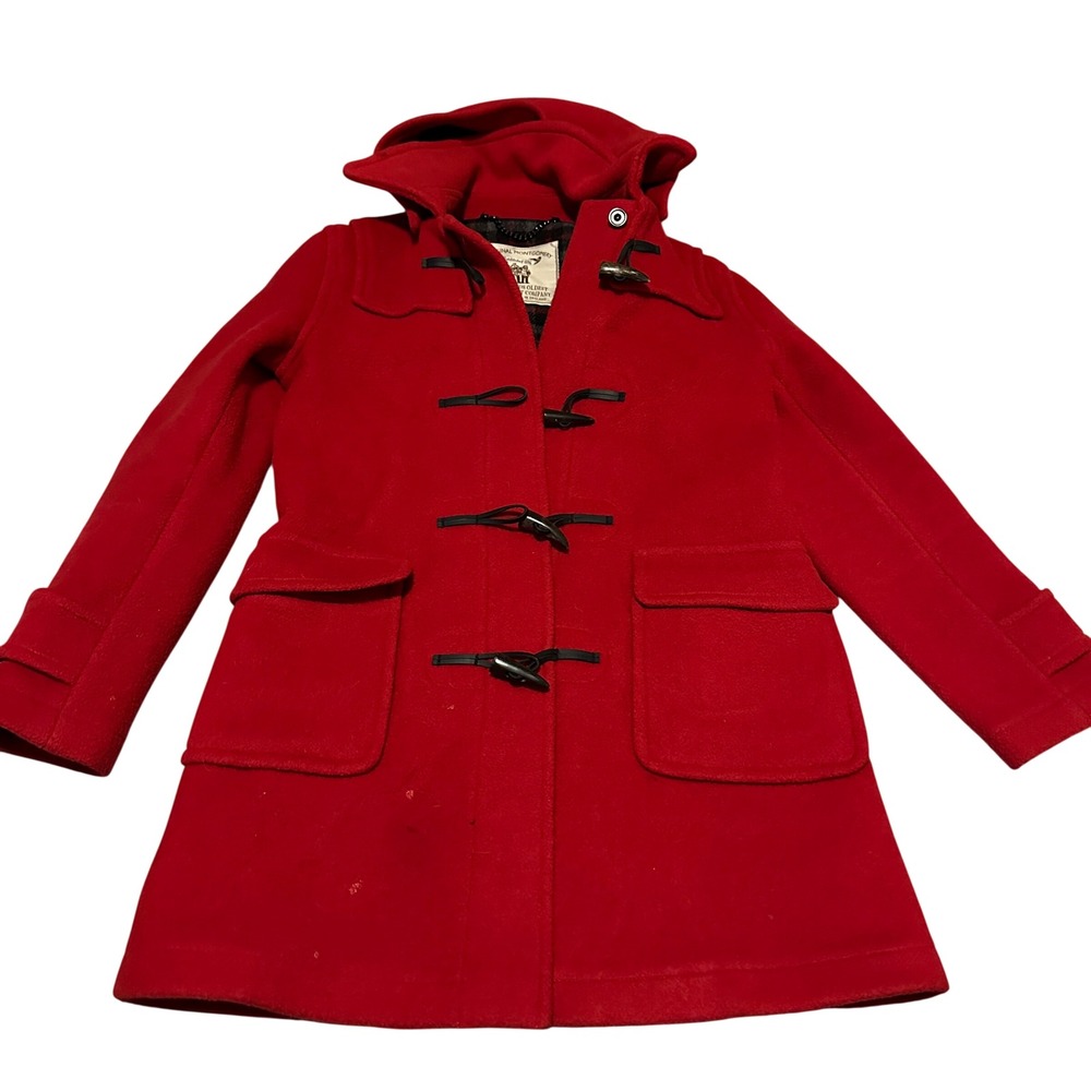 Original Montgomery Red Wool Blend‎ Duffle Coat Toggle Closure Plaid Lined